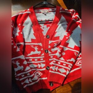 Poof! Red and White Reindeer Holiday Cardigan Sweater